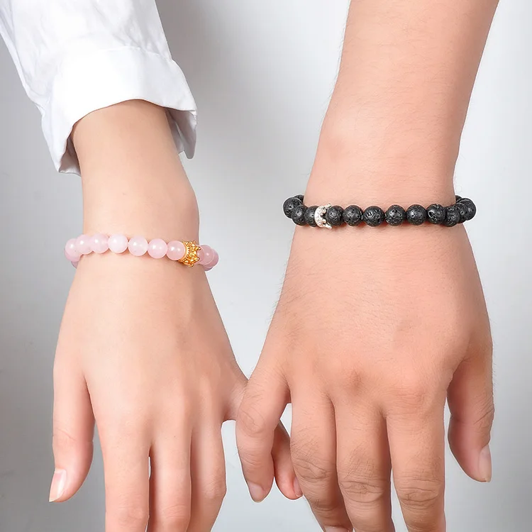 F118 2 Pcs Rose Quartz Volcanic lava stone Valentine Handmade Jade Bangle crown boy girl friendship gifts mans couple bracelet