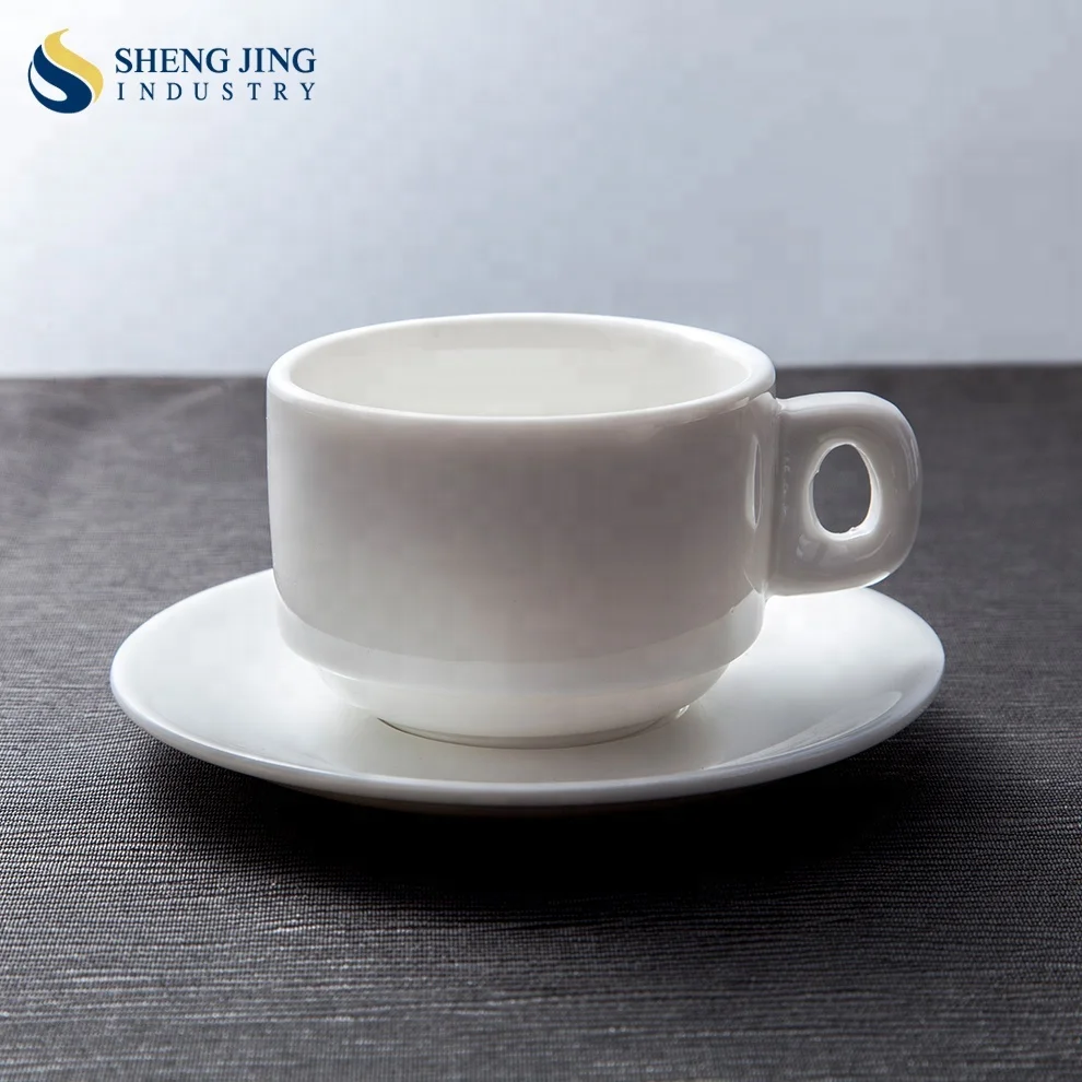 Custom Logo White Ceramic Stackable Tazas Para Cafe De Espresso Cappuccino Porcelain Expresso Coffee Cup and Saucer For Hotel