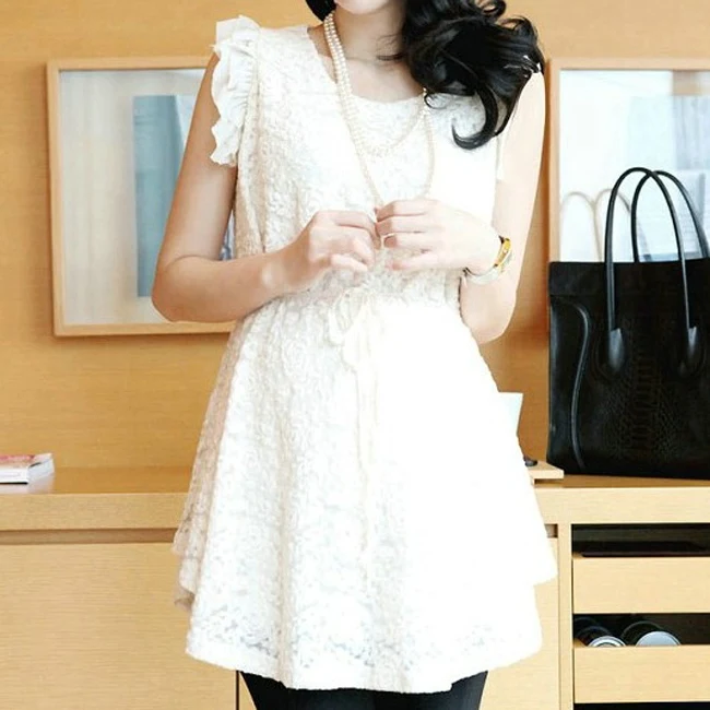 Free Shipping Summer Lace Maternity Clothes Solid Color Sleeveless Dresses Round Collar Loose Women Pregnant Clothes