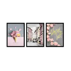 Abstract oil painting pink city 3 pieces canvas painting for bedroom