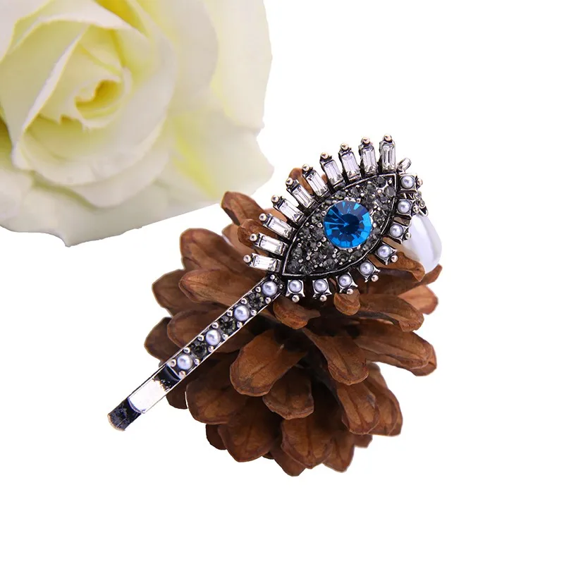 Rhinestone Blue Eye Hairwear Antique Silver Plated Acrylic Pearl Hair Jewelry