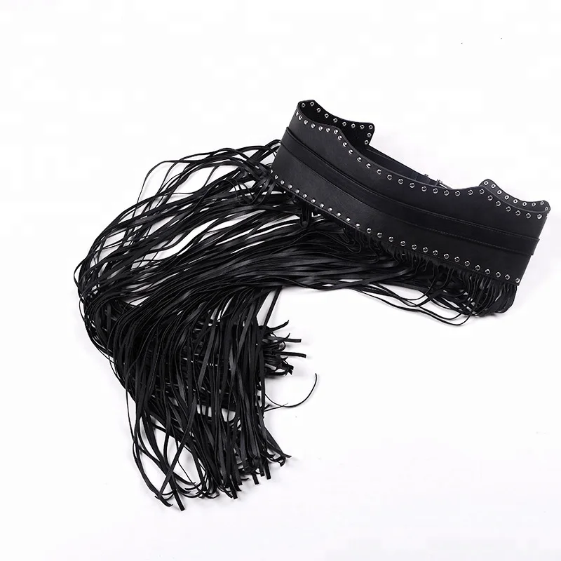 Sexy Woman leather tassel skirt 2018 ladies belt Nightclub  studs pu tassel dress skirt waist wide waist seal