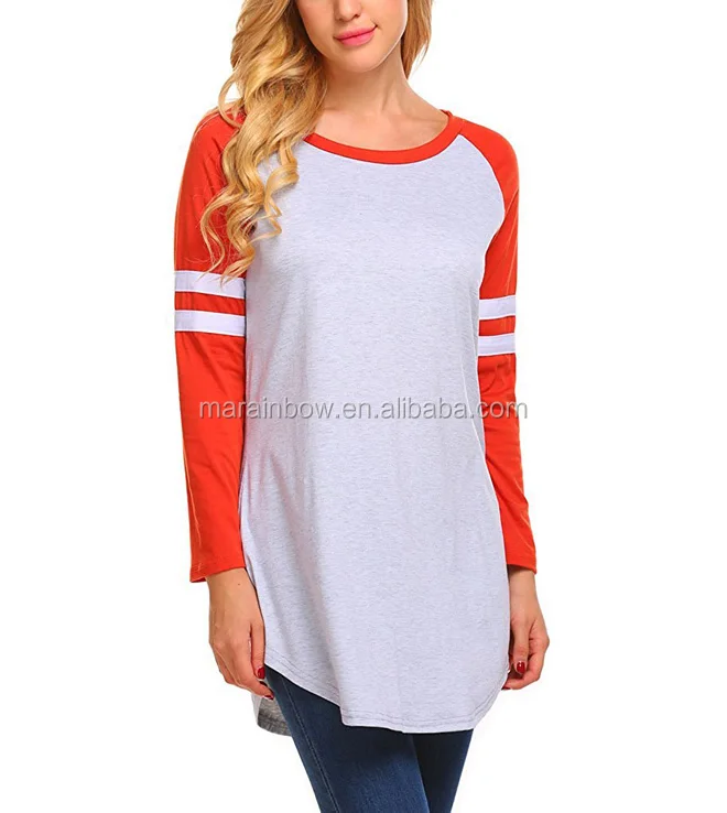 Womens wholesale custom cheap Raglan Long Sleeve O Neck Jersey Tunic Loose Baseball T Shirt