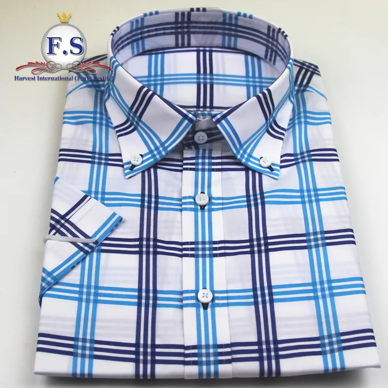 bright blue plaid/madras high end men shirt short sleeve