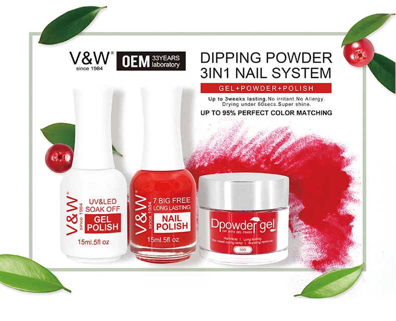 
V&W Brand/OEM Fast Dry Dipping Powder 3 In1 System Dipping +Gel+Polish starter kits 