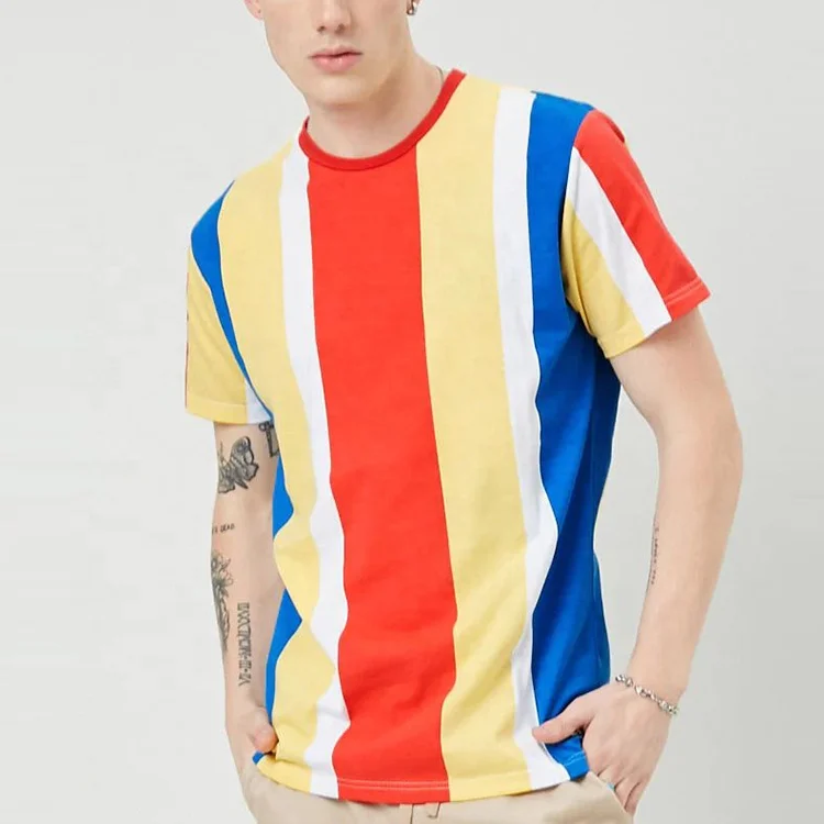t shirt men crew neck short sleeves color block t shirts in bulk with multicolor stripes