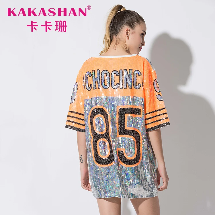 
New Female Half Sleeve Sequins T Shirt Hip Hop Dance Costumes 