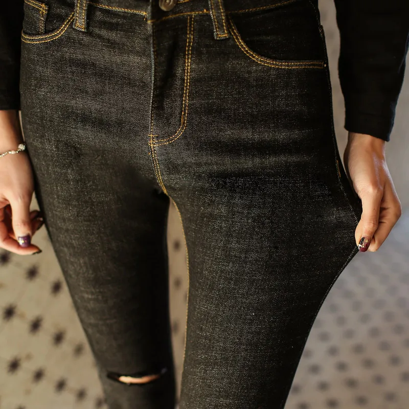 2022  new high-waisted pencils pants female New Fashion Cotton Denim Pants Stretch Womens Ripped Knee Skinny