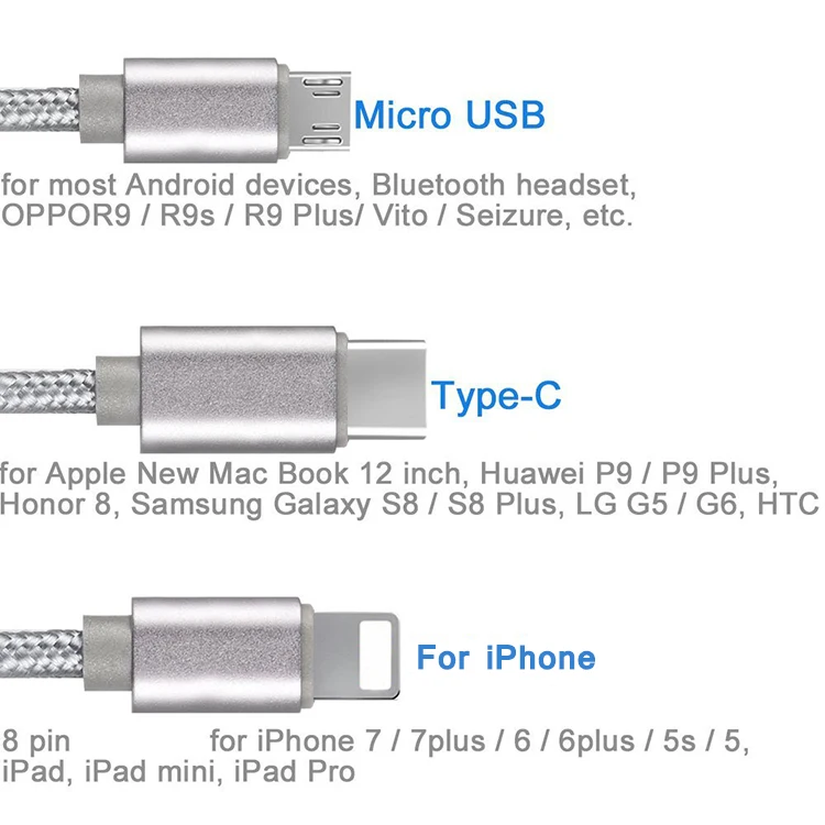 
Amazon Top Seller 2021 High Quality USB Multi Charger Cable 3 in 1 Nylon Braided Fast Charging Cord (1.2M) with 8pin/Micro/typeC 