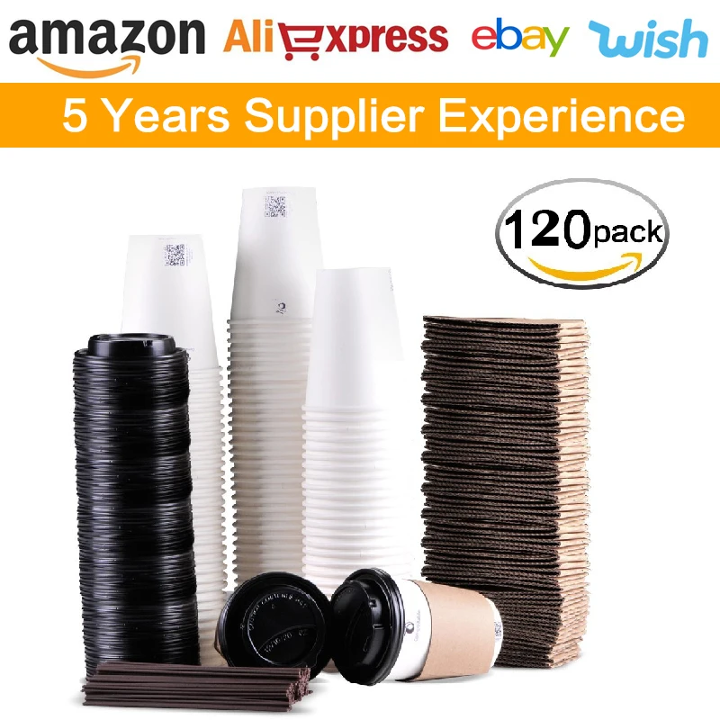 
Hot sell 12oz paper coffee cups and sleeves lids 120 set by gold supplier to Amazon 