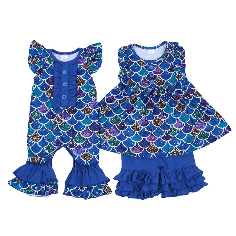 
hot sale mermaid Print girls Fashion clothing set Kids wholesale 4th july ruffle outfit set clothes for kids fly sleeve set 
