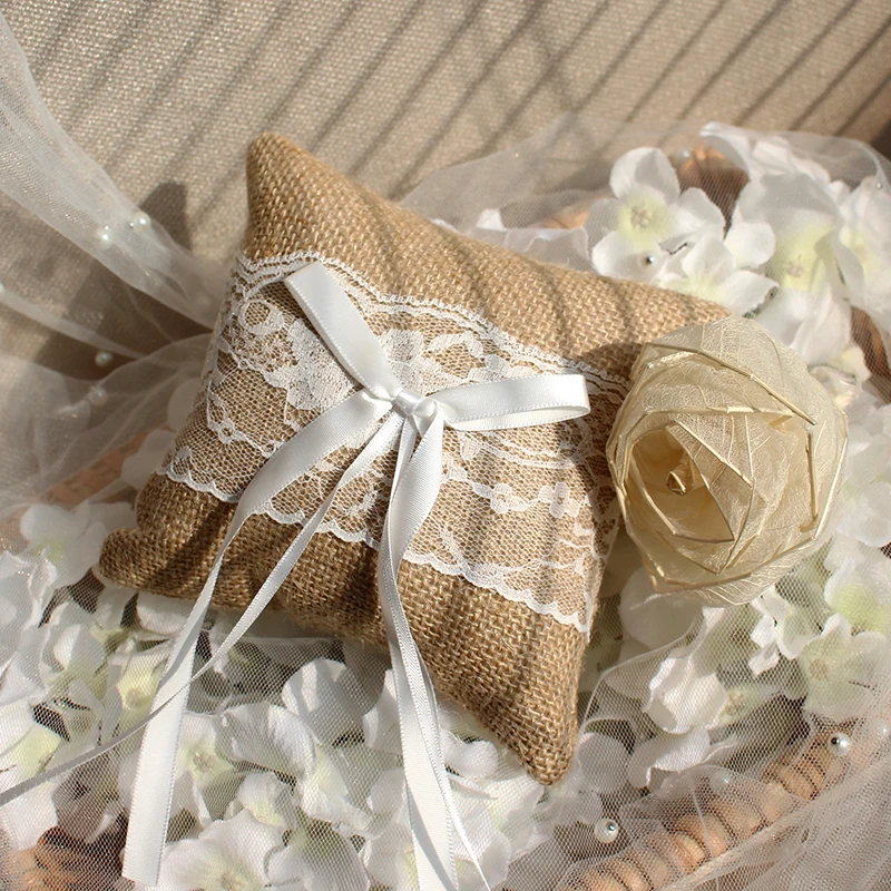 J08 Delicate Wedding Ring Pillow Khaki Linen Lace Butterfly Knotted Handmade Marriage Ring Pillow Cheap Wedding accessories