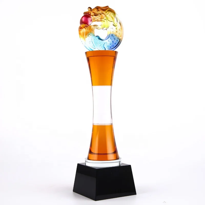 New hot selling customized crystal trophy with Liuli dragon and colorful wreathed column for gifts