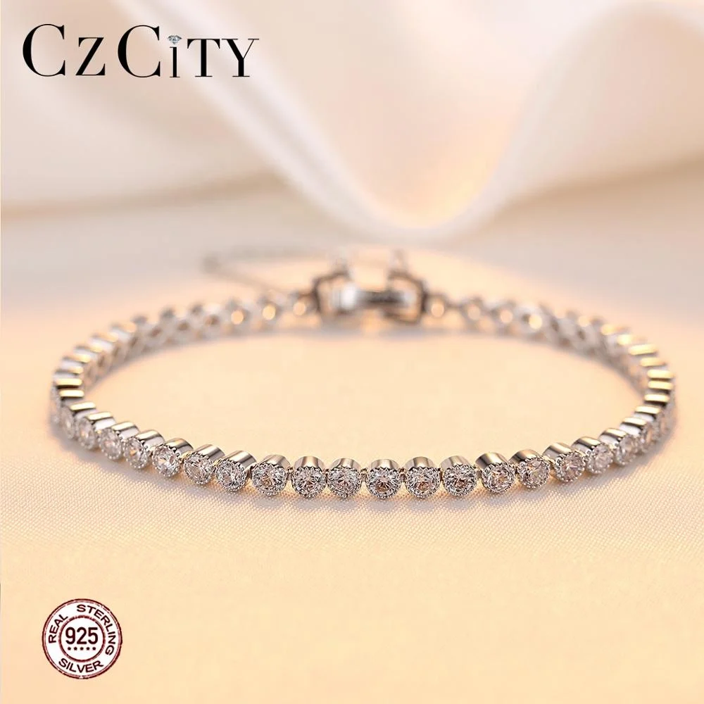 CZCITY Shining Crystal CZ Stone 925 Tennis Bracelets Genuine 925 Sterling Silver Wedding Bracelets & Bangles Gift