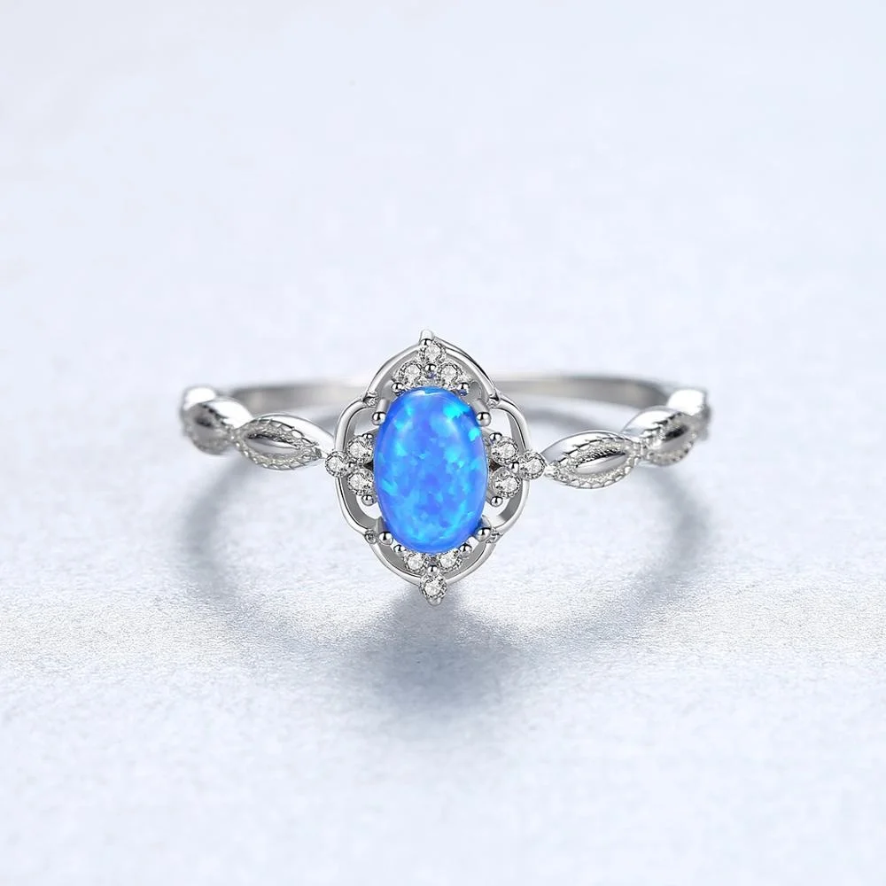 CZCITY Exquisite Vintage Design Blue White Fire Opal Rings Women 925 Sterling Silver Bridals Engagement Rings Jewelry