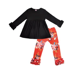 New style wholesale children clothes ruffle match set fall winter girls boutique set