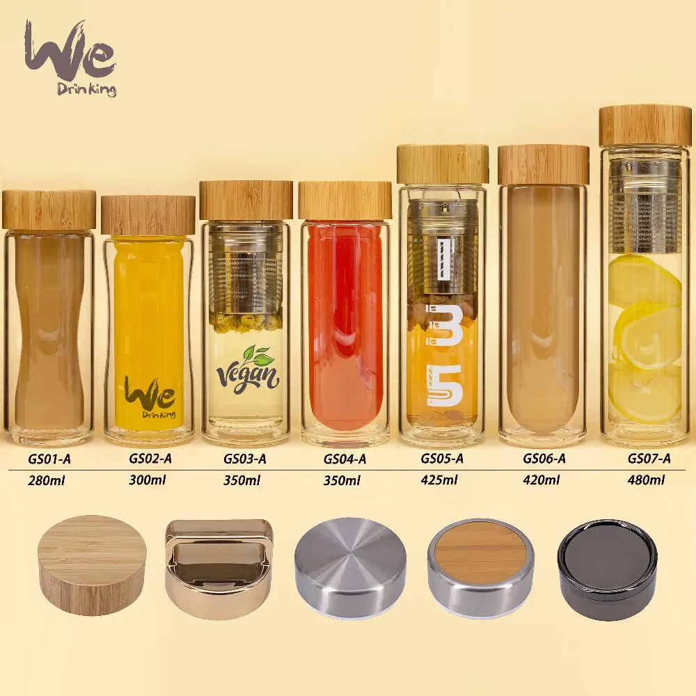 GS07-A 480ml Double Wall Glass Tea Infuser Tumbler with Fruit Filter and Strainer for Tea Fruit Coffee Brewer and Detox Tea