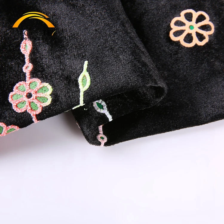 
Custom elegant luxury dense composite coatings velour black embroidered velvet fabric 