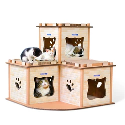 DEKU luxury  house Shape cat tower  flat package corrugated cardboard cat scratcher with free catnip manufacturer offer OME