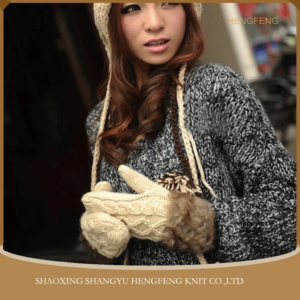 Wholesale fashion ladies women winter thick acrylic knit Hang Neck Wrist Knit Gloves, soft Weaving Knitted Mittens
