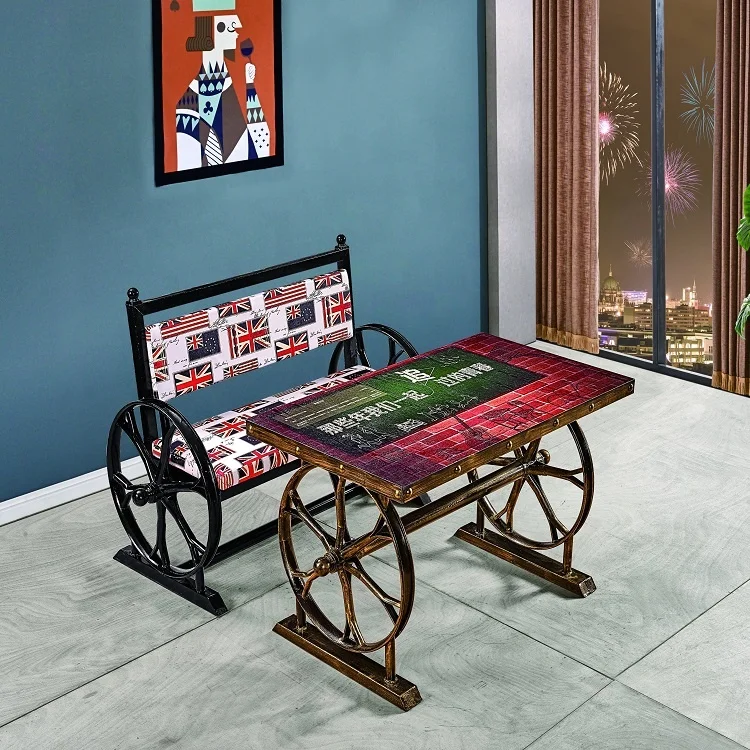 
Wholesale Chair Table Antique Metal Iron Bar Furniture Sets With Two Wheels England Flag Chair Decoration 