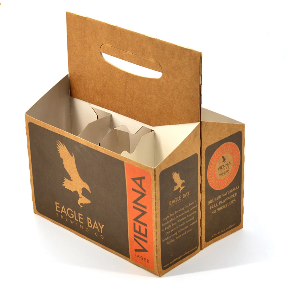 Custom Print 6 Wine Bottle Beer Packaging Corrugated Carrier Box Takeaway Six Pack Beer Box With Handle