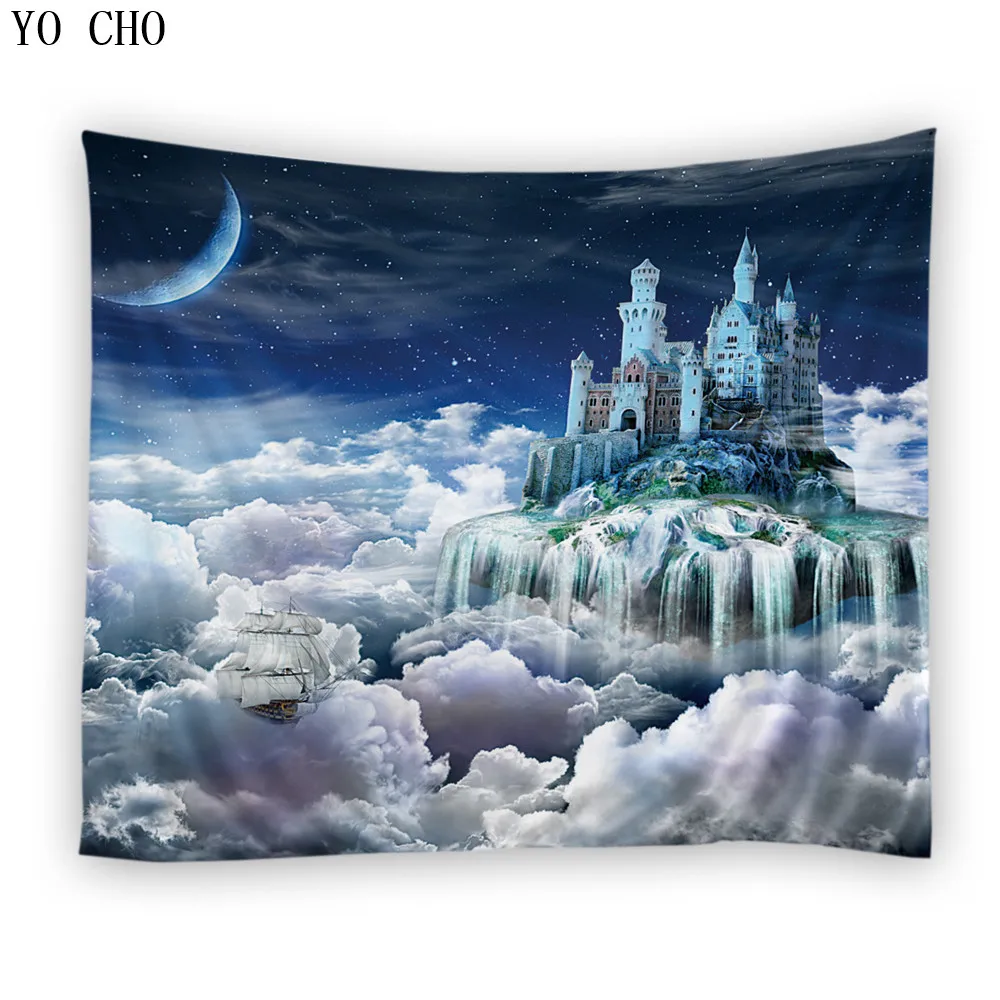 
YO CHO Wholesale polyester wall hanging tapestry with fantasy castles tree ice palace 3d jacquard rectangle cloth wall carpet 