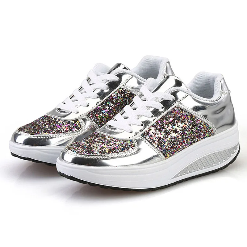 
Ladies Color Mirror Thick Bottom Wedges Large Size Sequins Sports Shoes 