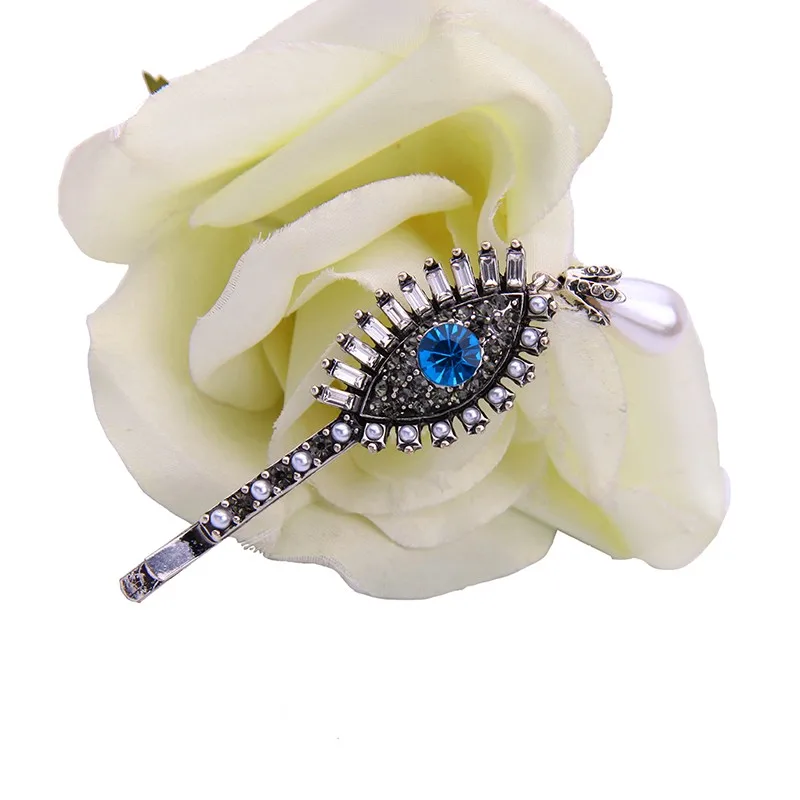 Rhinestone Blue Eye Hairwear Antique Silver Plated Acrylic Pearl Hair Jewelry