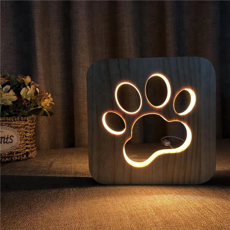 custom natural wood christmas craft dog design effect led night stand light wooden table lamp