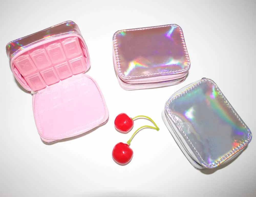 Лидер продаж, Женский дорожный футляр для таблеток, Лазерная Коробка для таблеток из искусственной кожи, органайзер, упаковочный Органайзер, сумка для таблеток