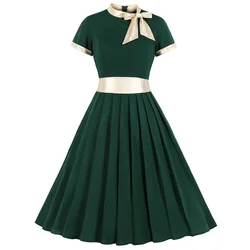 2019 Solid Women Retro Dress Short Sleeves Pleated Vintage Dress
