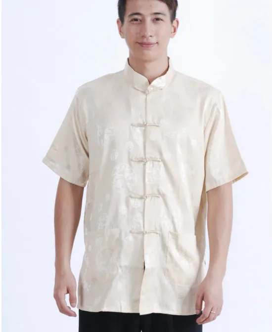 Men Short Sleeve Shirt Chinese Traditional Clothing Tang Suit Mandarin Collar Top