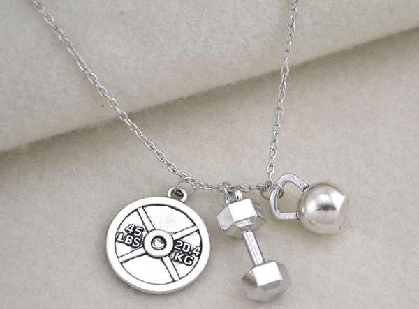 DSC 0470 Vintage Jewelry Physical Education little Dumbbel Kettle Bell Jewelry 20.4KG disc Charm Pendant Necklace