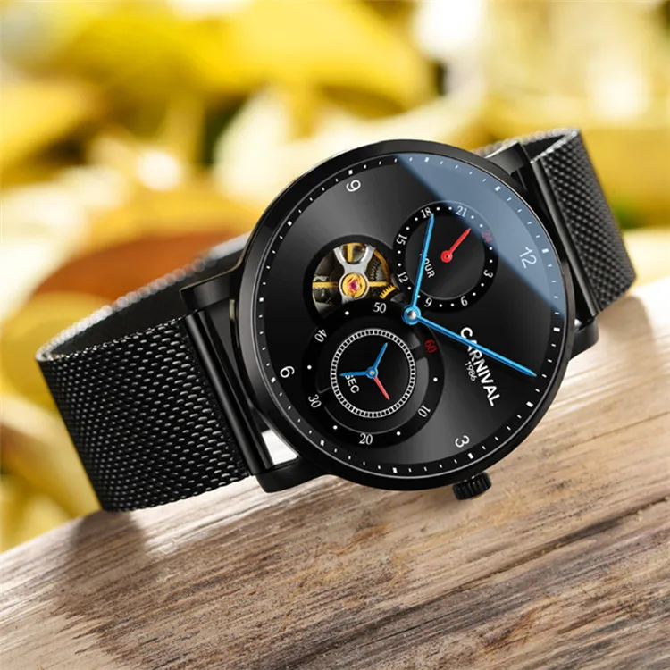 Fashion Tourbillon Mechanical watches CARNIVAL 8062 Automatic watch men Small second dial 24 hours display Sapphire Montre homme