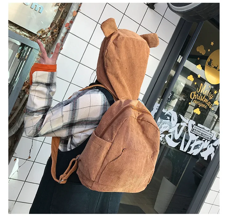 Simple fashion lightweight solid color corduroy backpack with hoods