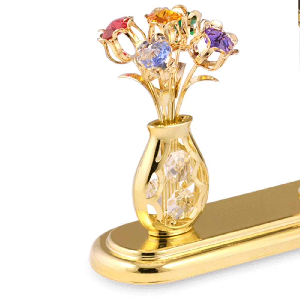 Customized Gold Plated Flower in Vase Figurine Decorated with Brilliant Cut Crystals Desktop Pen Holder