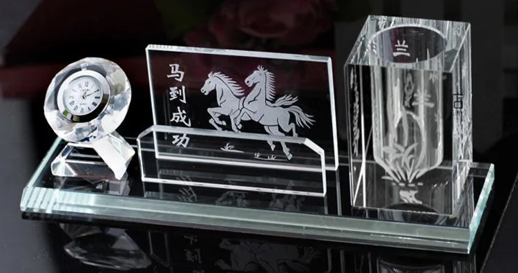 Table Crystal Office Stationery Set With Pen /clock/Name Card Holder