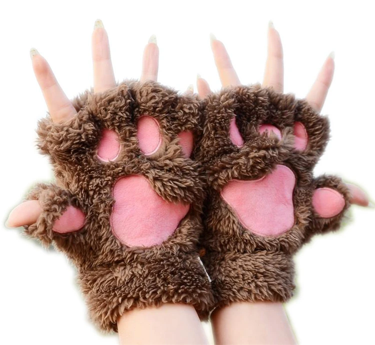 Winter Gloves Women Animal Paw Gloves Fingerless Fluffy Bear Plush Paw Mittens Women Soft Gloves