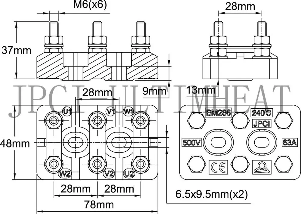 Type BM,  Terminal blocks in ceramic for 3 phases asynchronous electrical motors, 500V range