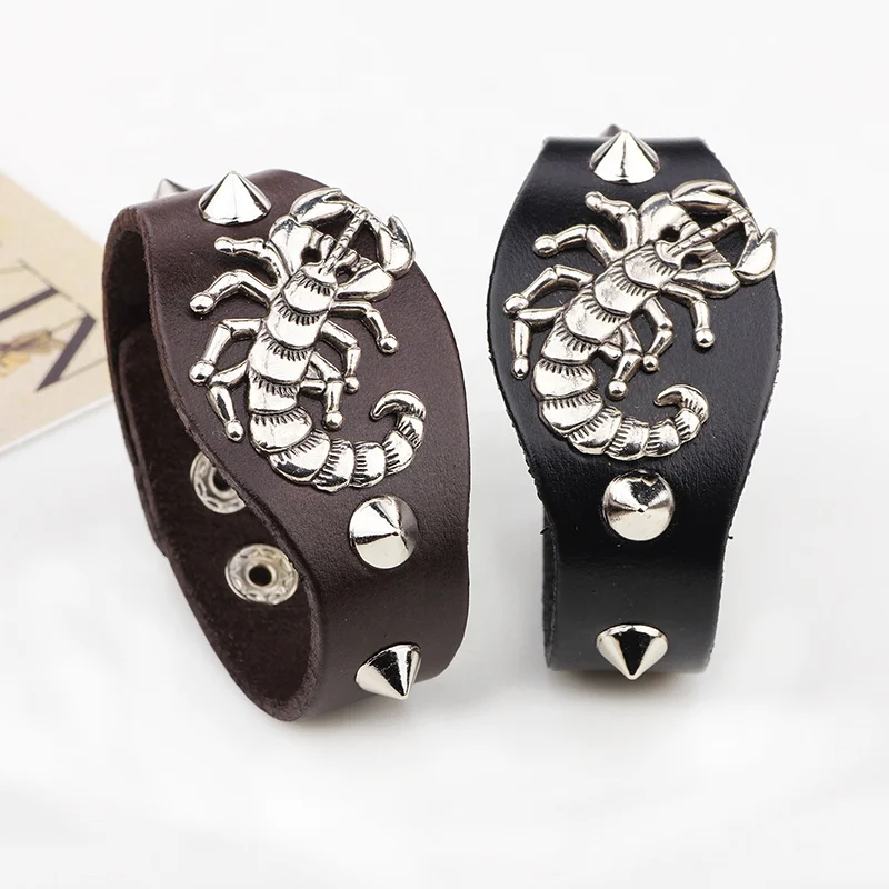 LIKA-- Scorpion Charm Sharp Rivet Studded Genuine Leather Bangle Bracelet Men,Custom Leather Bracelet