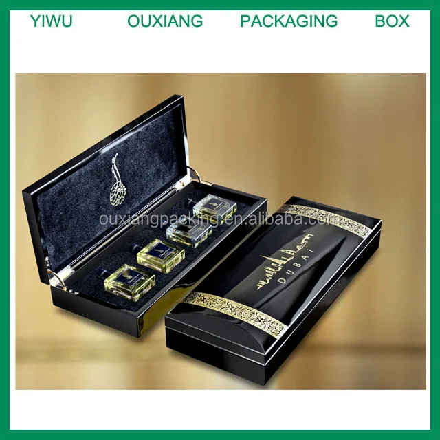custom design piano black lacquer finish luxury top grade black perfume box with metal logo on top