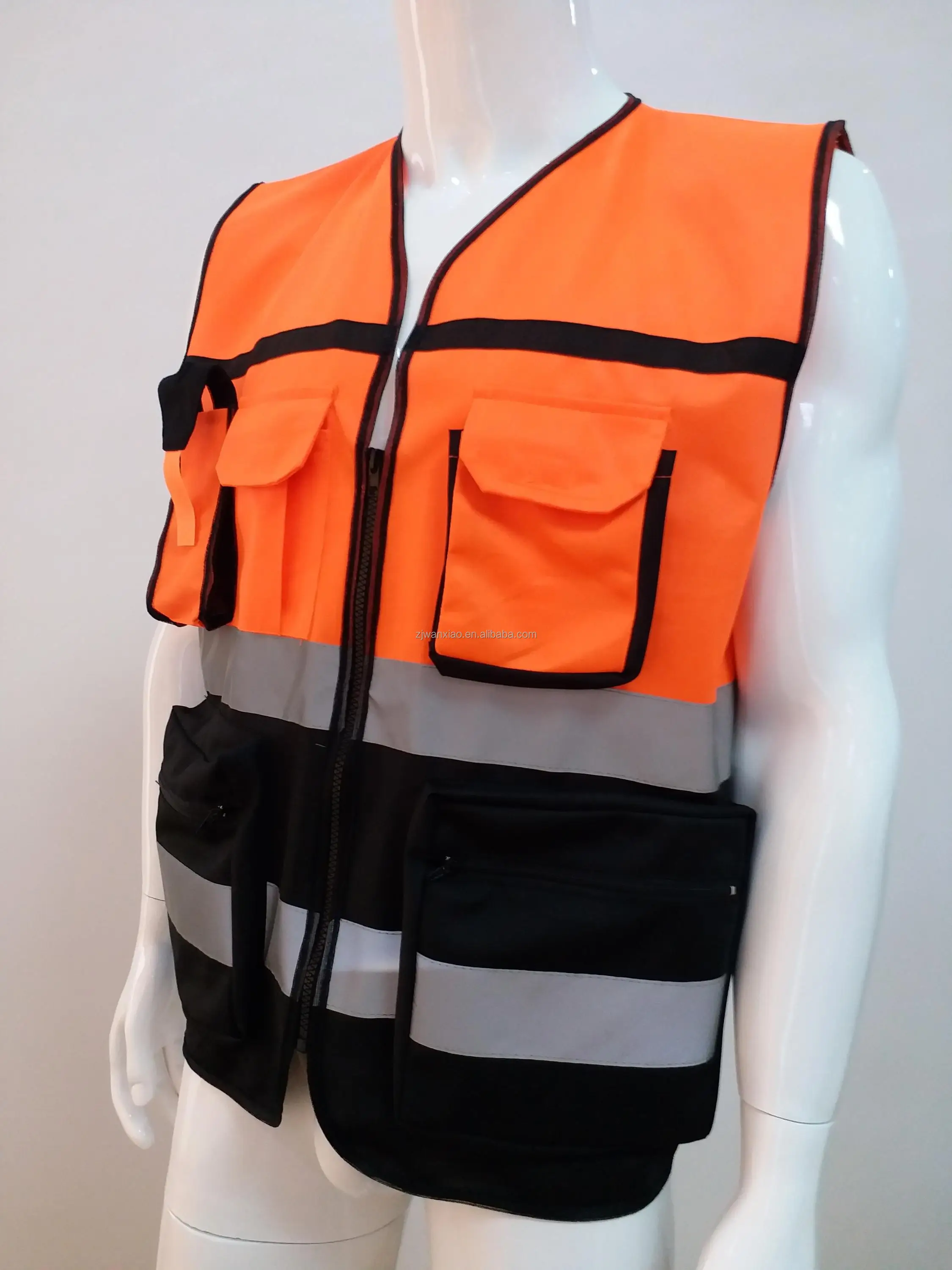 Wholesale Promotion Polyester Orange Black Fabric Reflective Safety Vest With Pockets cheap reflective work