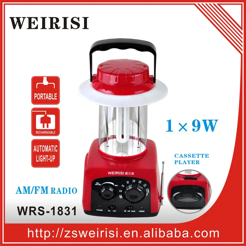 Portable rechargeable emergency LED light with cassette player & FM radio for camping/hiking/home (WRS-1835L)