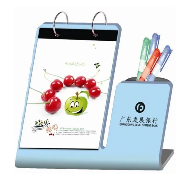 2021 customized design desk calendar  with pen holder, plastic calendar