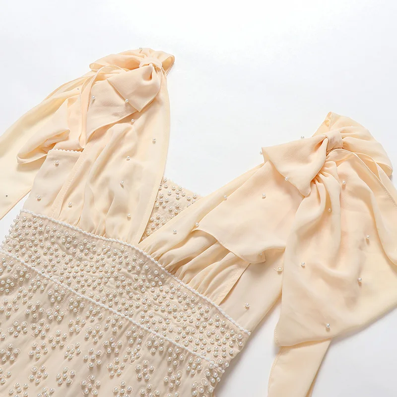 Elegant and Sweet Style Solid Beige Color Floral Lace Swing Summer Chiffon Beading Ornamental Woman Dress with Back Zip Closure