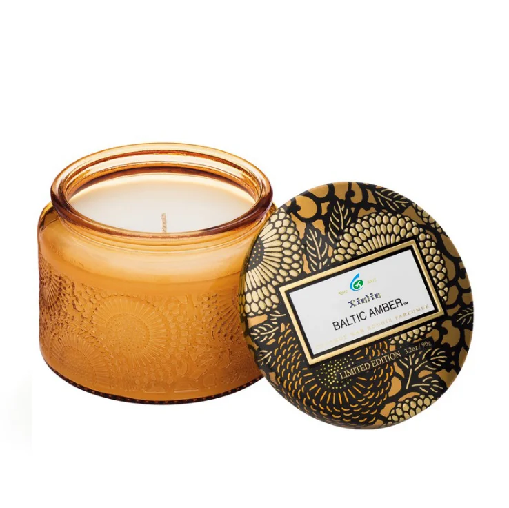 Поставка из Китая, Экологически чистая фитиль, стеклянная банка, свеча, Ароматизированная соевая восковая свеча, роскошная с металлической крышкой оптом