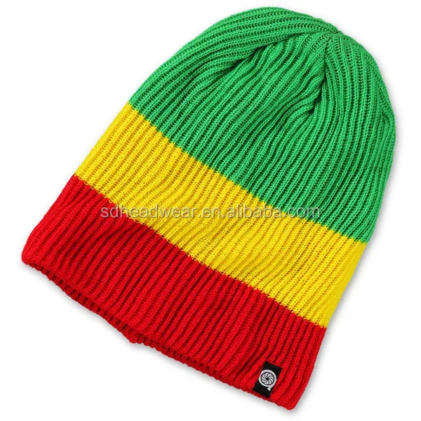 100% acrylic striped custom tag classic two-layer slouchy folded rib knit Rasta beanie