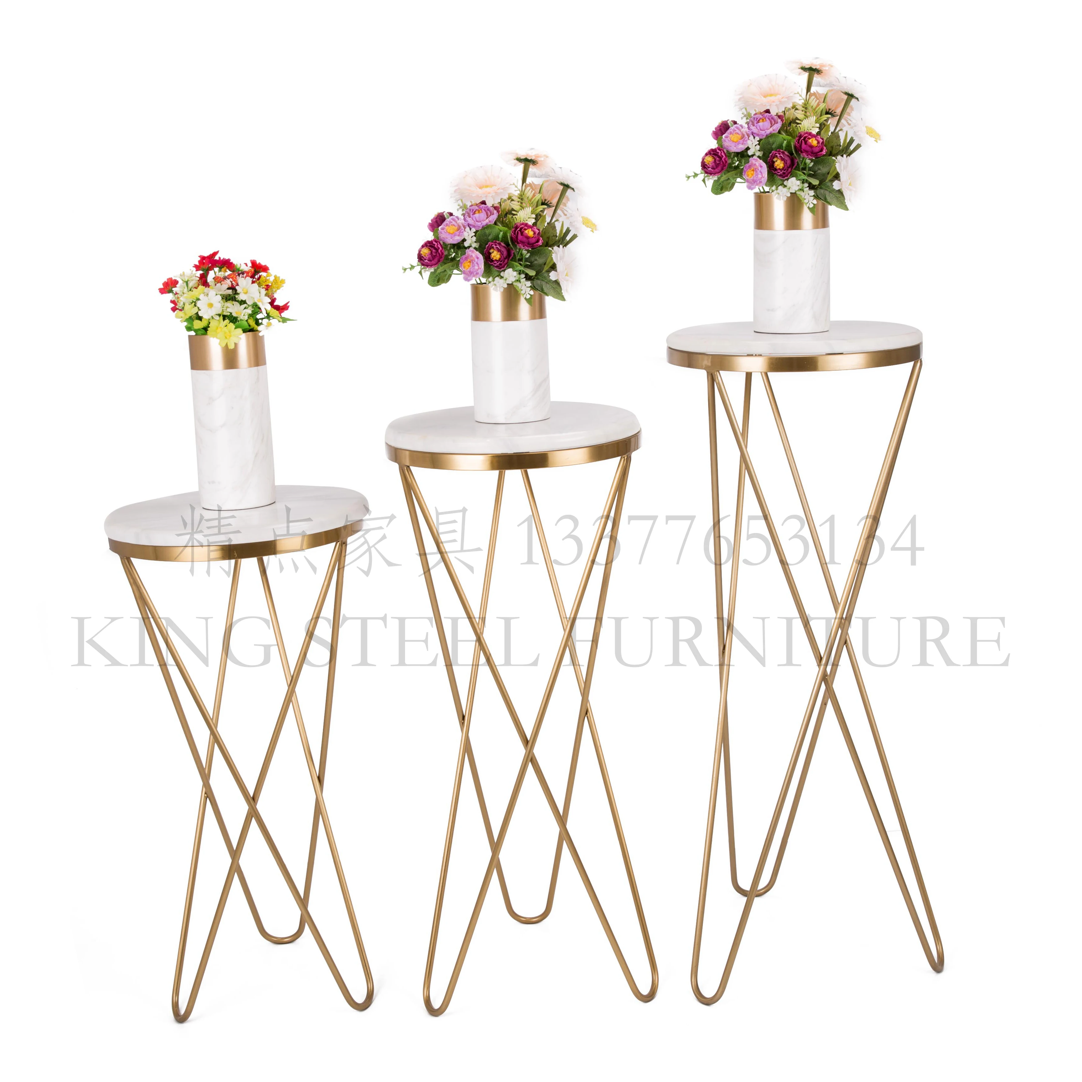 Set of 3pcs Display Stand Golden Plated Decoration Flower Stands with Marble Top Stainless Steel Frame Home Furniture Wedding