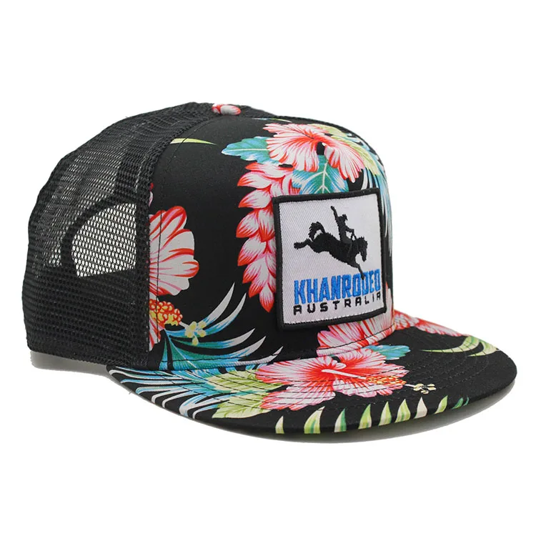 Custom floral fabric flat brim trucker cap hat with embroidery patch